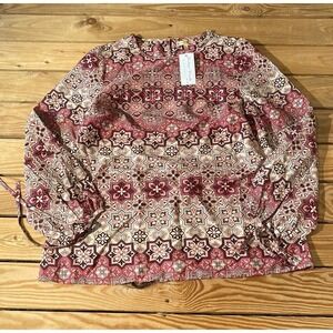 NWT Mimi & Daphne Patterned Tie Cuff Long Sleeve Blouse Small Women’s Red $36.99